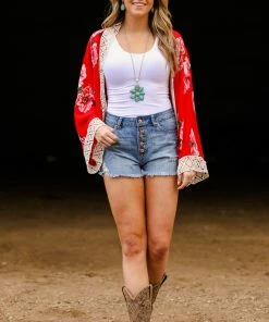 Umgee KIMONOS Red Floral Print Crochet Trim Kimono