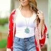 Umgee KIMONOS Red Floral Print Crochet Trim Kimono