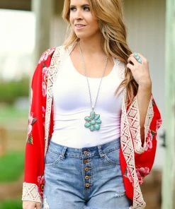 Umgee KIMONOS Red Floral Print Crochet Trim Kimono