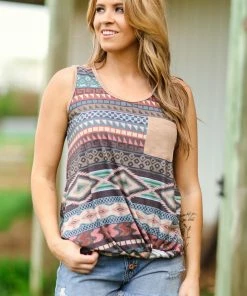 Avery Apparel Tops Graphite Multicolor Knot Front Aztec Tank