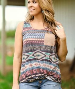 Avery Apparel Tops Graphite Multicolor Knot Front Aztec Tank
