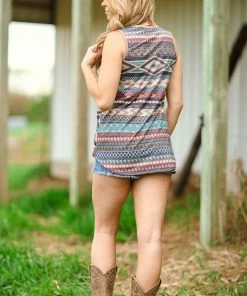Avery Apparel Tops Graphite Multicolor Knot Front Aztec Tank